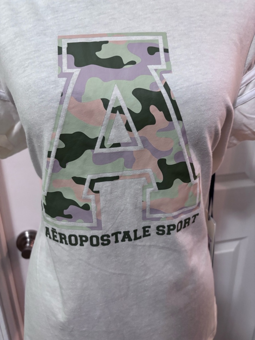 Aeropostale Women's White Tee with Pastel Camo 'A' Graphic